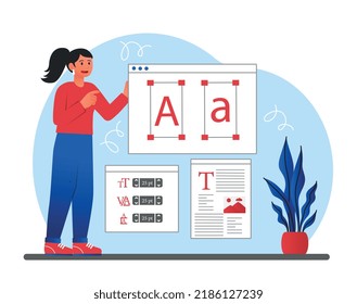 Woman with fonts. Girl selects graphic elements for website. Designer or freelancer works on project, developing interface elements for programs and applications. Cartoon flat vector illustration