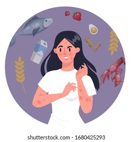 Woman With Food Allergy. Red And Itchy Skin. Allergic Reaction To Diffrent Type Of Food. Hypersensitivity To To Products Like Fish, Milk And Eggs. Isolated Vector Illustration In Cartoon Style