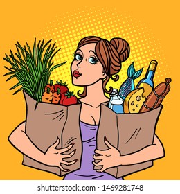 woman and food bags. Pop art retro vector illustration drawing