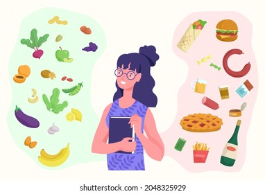 Woman and food. Healthy lifestyle, good or bad diet, temptation, lifestyle. Harmful products on one hand and healthy ones on other. Cartoon flat vector illustration isolated on white background