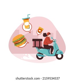 A woman food raider deliver food by green scooter motorcycle to home flat vector illustration isolated on white background. Online food delivery service concept. Delivery home and office.