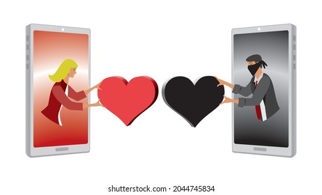 Woman fooled by man online. Mobile phones, black and red heart. Vector illustration. Dimension 16:9.