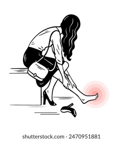 Mujer con dolor en el pie debido a los talones. Pierna femenina con callo dolorido. Pies planos transversales. Enfermedad ortopédica. Problemas de salud de los pies. Tacones altos. Ilustración aislada de Vector. Contorno dibujado a mano