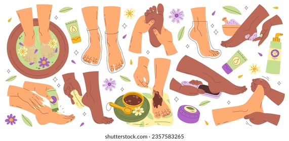 Woman foot skin spa care and treatment, pedicure and relax massage isolated set on white background. Vector illustration herbal cosmetic dermatology therapy and hygiene procedure, physiotherapy