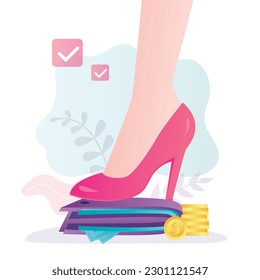 Woman foot steps on wallet with money. High-heeled shoe presses fat purse to floor. Feminism, strong woman controls family finances. Budget management, balance between income and expenses. flat vector