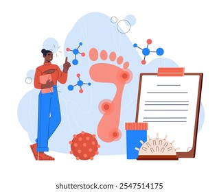 Woman with foot treatment. Young girl with foot with pain points. Healthcare and medicine. Diagnosis and treatment. Orthopedist with clipboard. Flat vector illustration isolated on white background