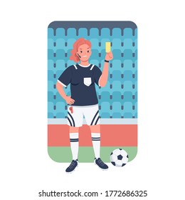 Mujer árbitro de fútbol de color plano vector carácter detallado. Igualdad de género en el lugar de trabajo. Árbitro de fútbol femenino en estadio aislado ilustración de dibujos animados para diseño gráfico web y animación