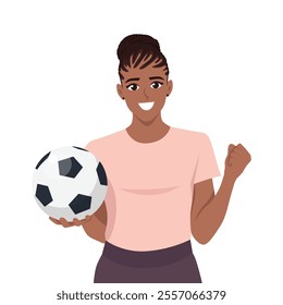 Woman football or soccer player standing and holding ball in hand. Flat vector Character Illustration