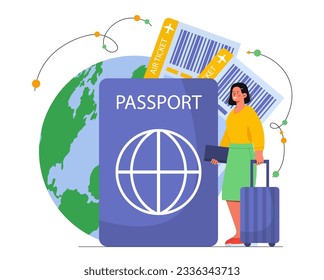 Woman with foreign passport concept. Young girl with luggage, international travel and tourism. Tourist at holiday or vacation with airplane tickets. Cartoon flat vector illustration