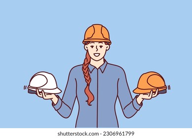 Woman foreman of construction company holds protective helmets for workers urging them to observe safety precautions in workplace. Girl with protective helmets for being in factory or plant