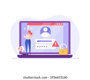 Woman forgot the password. Concept of forgotten password, key, account access, blocked access, protection, account security. Vector illustration in flat design for web page, landing, web banner