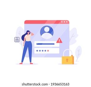 Woman forgot the password. Concept of forgotten password, key, account access, blocked access, protection, account security. Vector illustration in flat design for web page, landing, web banner