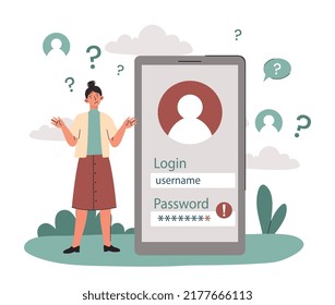 Woman Forgot Password. Girl Stands And Spreads Her Hands Near Smartphone. Problems With Memory And Authorization. User Has Lost Access To Account On Internet. Cartoon Flat Vector Illustration