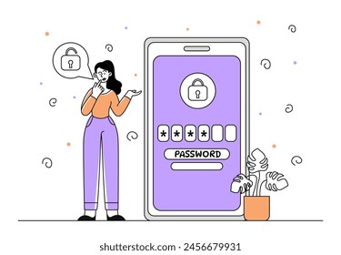 La mujer olvidó la Contraseña lineal. Chica joven con sistema de seguridad en el smartphone. Autorización y autenticación. Protección de datos personales. Doodle Ilustración vectorial plana aislada sobre fondo blanco