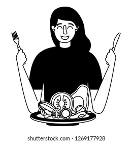 woman with fork and knife vegetable healthy food