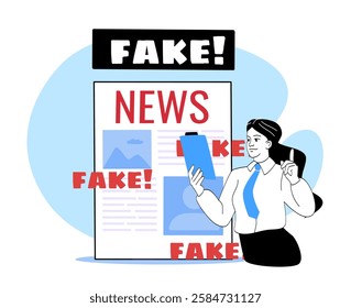 Woman in formal attire reviewing documents with a fake news headline in the background. Blue and white theme. Concept of misinformation detection