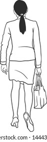 The woman in formal attire is walking very fast while holding her shoulder bag, back view.