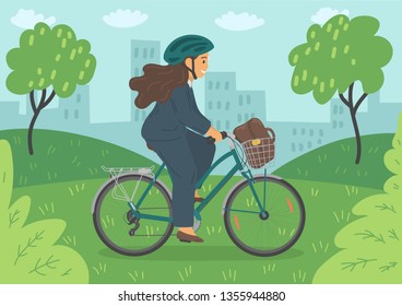 Woman in formal clothes and helmet on bike with basket. Bussinesswoman with bag cycling in the city park.