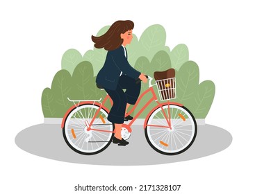 Mujer con ropa formal en bicicleta con canasta. Mujer de negocios en bicicleta para trabajar en el parque.