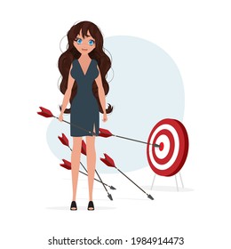 A woman in formal clothes. Young business woman with arrows. Target with arrows vector flat illustration.