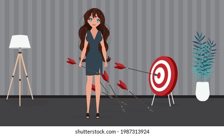 A woman in formal clothes. Young business woman with arrows. Target with arrows vector flat illustration.