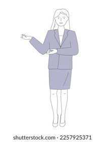 A woman in a formal suit will explain, show, teach. A business person, a teacher makes a presentation. Vector line graphics.