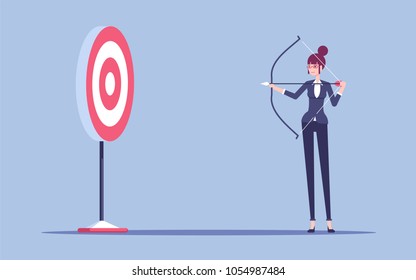 Woman in formal wear arching in the target. Young business woman with bow and arrow shoots to aim vector flat illustration. Business concept goal and purpose.