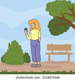 woman in formal wear and with phone stand near trees and bushes in park vector background