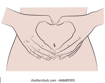 Woman forming a heart shape on her belly. vector illustration