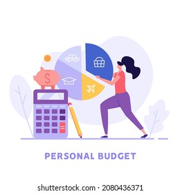 Woman forms the family budget, divides the items of expenditure. Concept of budget, finance control, date, finance, personal budget, family money. Vector illustration in flat design