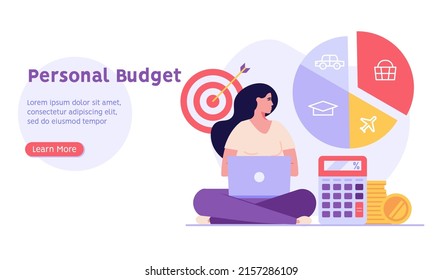 Woman forms the family budget, divides the items of expenditure. Concept of budget, finance control, date, finance, personal budget, family money. Vector illustration in flat design