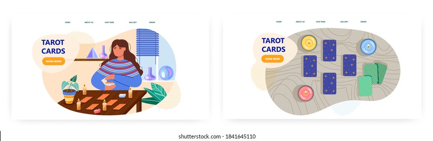 Woman fortun teller reading tarot cards and predict future. Esoteric and divination vector concept illustration. Web site design template. Occult session, tarot cards on a table