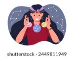 Woman fortune teller is interested in astrology, predicting future by studying constellations in sky and positions planets. Girl studies astrology and numerology, compiling horoscopes or natal chart.