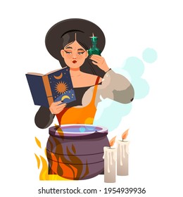 Woman as Fortune Teller or Psychic Reading Spell at Boiling Cauldron Predicting Future or Performing Occult Ritual Vector Illustration