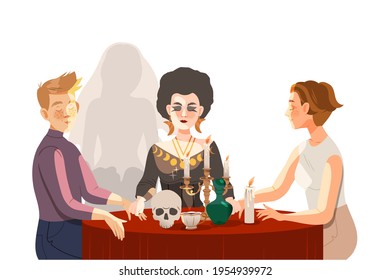 Woman as Fortune Teller or Psychic at Table with Candle and Skull Performing Occult Ritual with Clients Vector Illustration