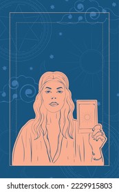 Woman fortune teller with tarot card esoteric sketch icon Vector illustration