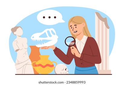 Woman with fossilization concept. Young girl with bones and skull, statue and pottery. Scientist and archaeologist explores fossils. Museum and exhibition. Cartoon flat vector illustration