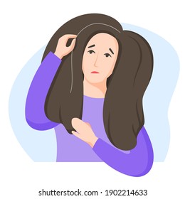 Woman found grey hair, worry about getting old and turning grey, dissatisfaction with oneself, appearance-related social pressure and ageism issue, vector illustration in flat style.