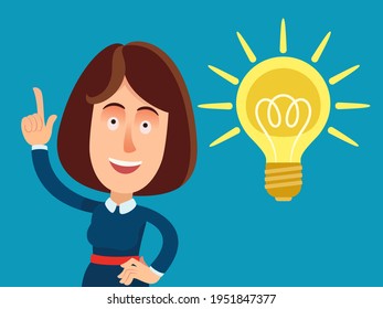 The woman found a solution to the problem. Business woman with a great idea. Portrait of lady with light bulb sign. Vector illustration, flat design, cartoon style, isolated background.