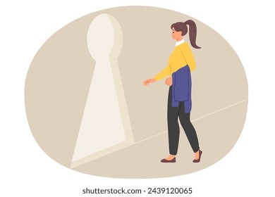 Woman found way out of difficult situation goes to giant keyhole in wall, as metaphor challenge. Girl boldly walks through unusual door, demonstrating willingness to accept challenge of fate