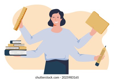 Woman with four hands holding keyboard, diagram, pencil, ruler. Concept of multitasking problem, switching between tasks, work organization, time management. Modern flat colorful vector illustration.