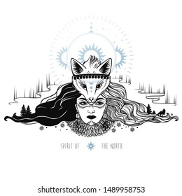 Woman with fox head. Mystical woman from northern legends. Vector hand drawn black & white illustration