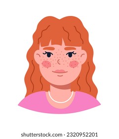 Woman with freckles at face concept. Cosmetic procedures, beauty treatment, skincare. Sticker for social networks and messengers. Cartoon flat vector illustration isolated on white background