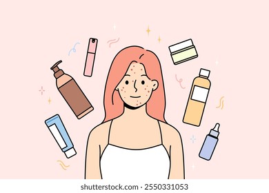 Mulher com sardas e espinhas nos sorrisos do rosto, fica entre frascos de cremes e géis ou xampus. Produtos de cosmetologia em torno de meninas que querem se livrar da acne e sardas na pele.