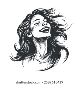 A woman with freckles, tossing her hair back while laughing. Engraving sketch black and white 2 colors