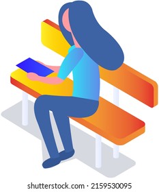 Woman in free internet zone using mobile gadget. Lady sits on bench with tablet pc in hands. Girl working or studying with modern device. Female character uses technology for work or education