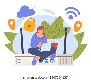 Woman with free wifi. Young girl with laptop sitting at wifif router. Wireless internet connection. Modern technologies and innovations. Flat vector illustration isolated on white background