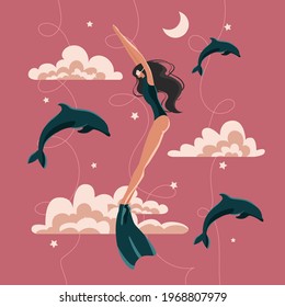 Woman freediver swimming around dolphins, stars, clouds. Isolated on pink background. Vector illustration. Flat style. Dream, sky, moon, underwater, deep, monofin, wetsuit, girl, mask, traveling. 