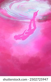 woman freediving with pink and blue abstract background