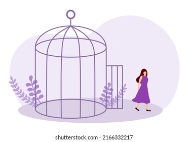 Woman freedom concept vector illustration. Woman walking away from cage in flat design.